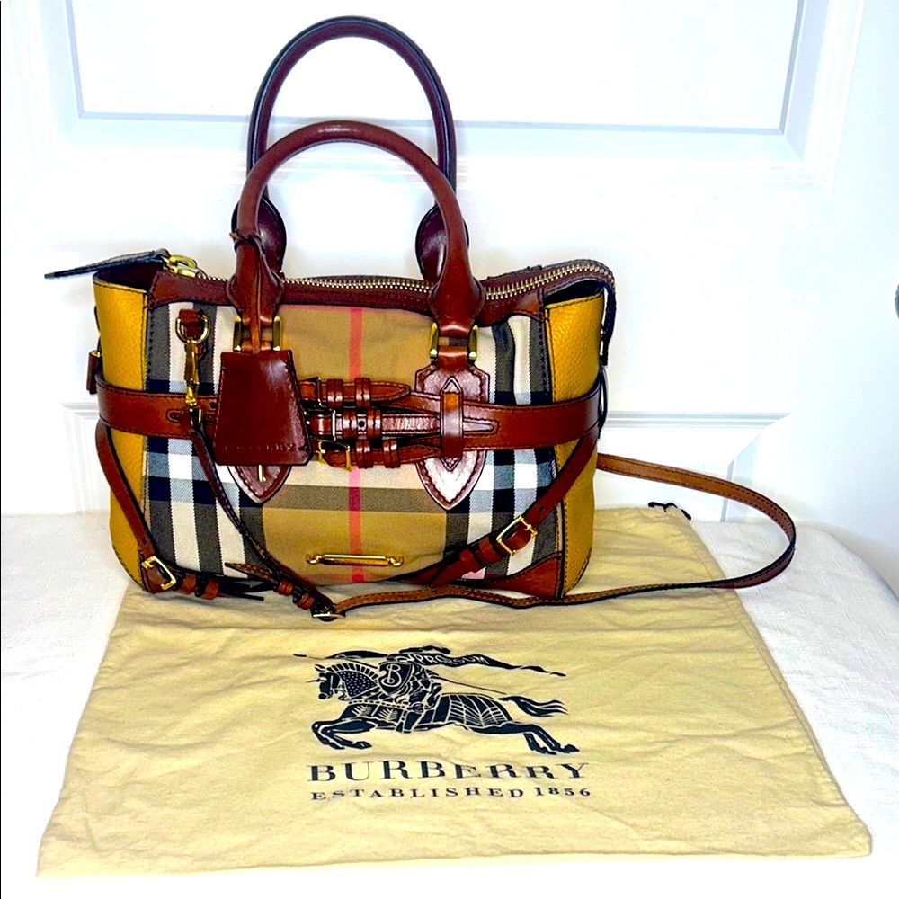 Burberry Gladstone Brown & Yellow House Check Leather Satchel Tote bag lock key - Picture 16 of 17
